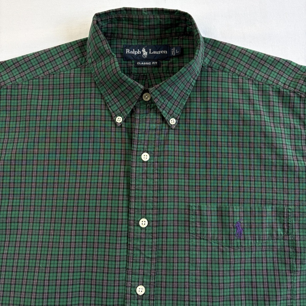 Ralph Lauren Classic Fit Shirt Mens Large Green Tartan Plaid Preppy Vintage